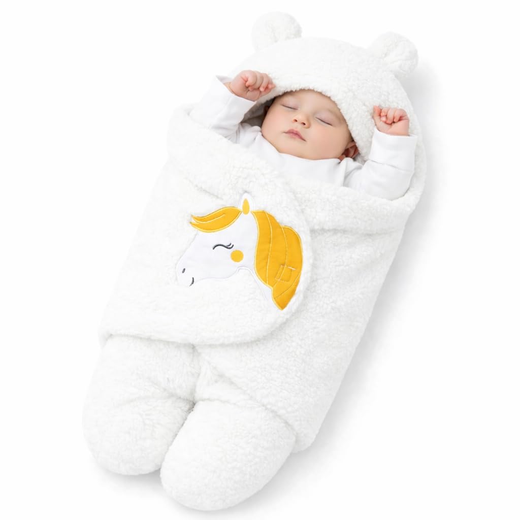 Wonder Mother Baby Swaddle Wrap for Newborn 0–9 Months | Wearable Flannel Baby Sleeping Bag with Hood & Velcro | All Season Baby Blanket, Carry Wrap, Winter Swaddle for Boys & Girls