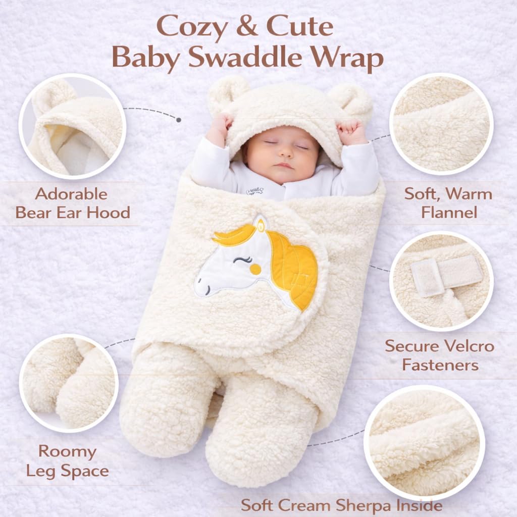 Wonder Mother Baby Swaddle Wrap for Newborn 0–9 Months | Wearable Flannel Baby Sleeping Bag with Hood & Velcro | All Season Baby Blanket, Carry Wrap, Winter Swaddle for Boys & Girls