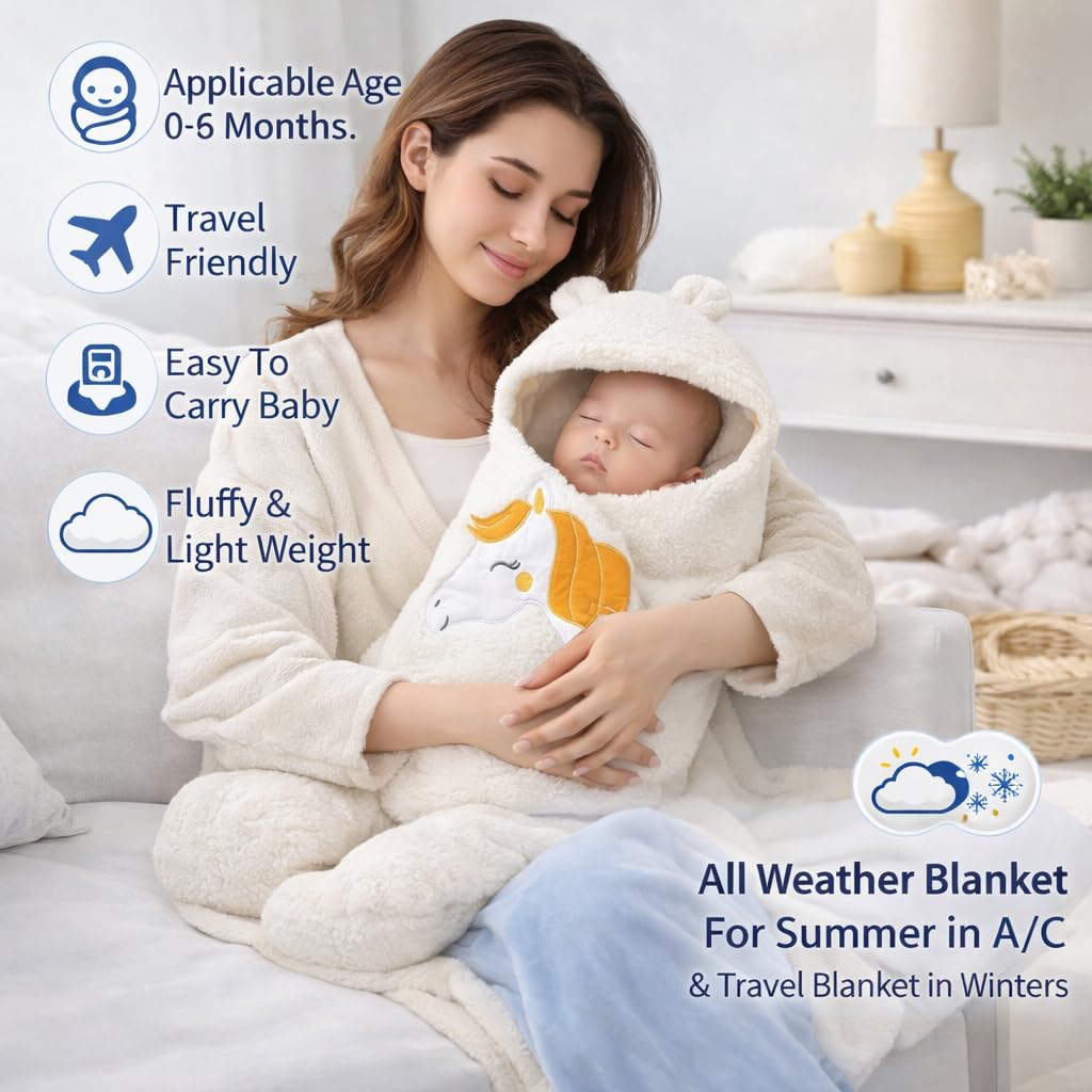 Wonder Mother Baby Swaddle Wrap for Newborn 0–9 Months | Wearable Flannel Baby Sleeping Bag with Hood & Velcro | All Season Baby Blanket, Carry Wrap, Winter Swaddle for Boys & Girls